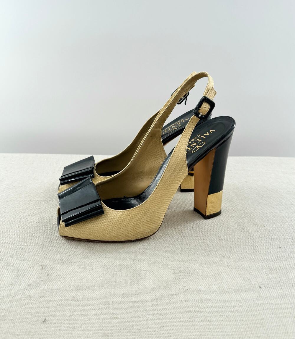 Valentino Canvas Patent Leather Peep Toe Platform Slingback Pumps Beige Black 40